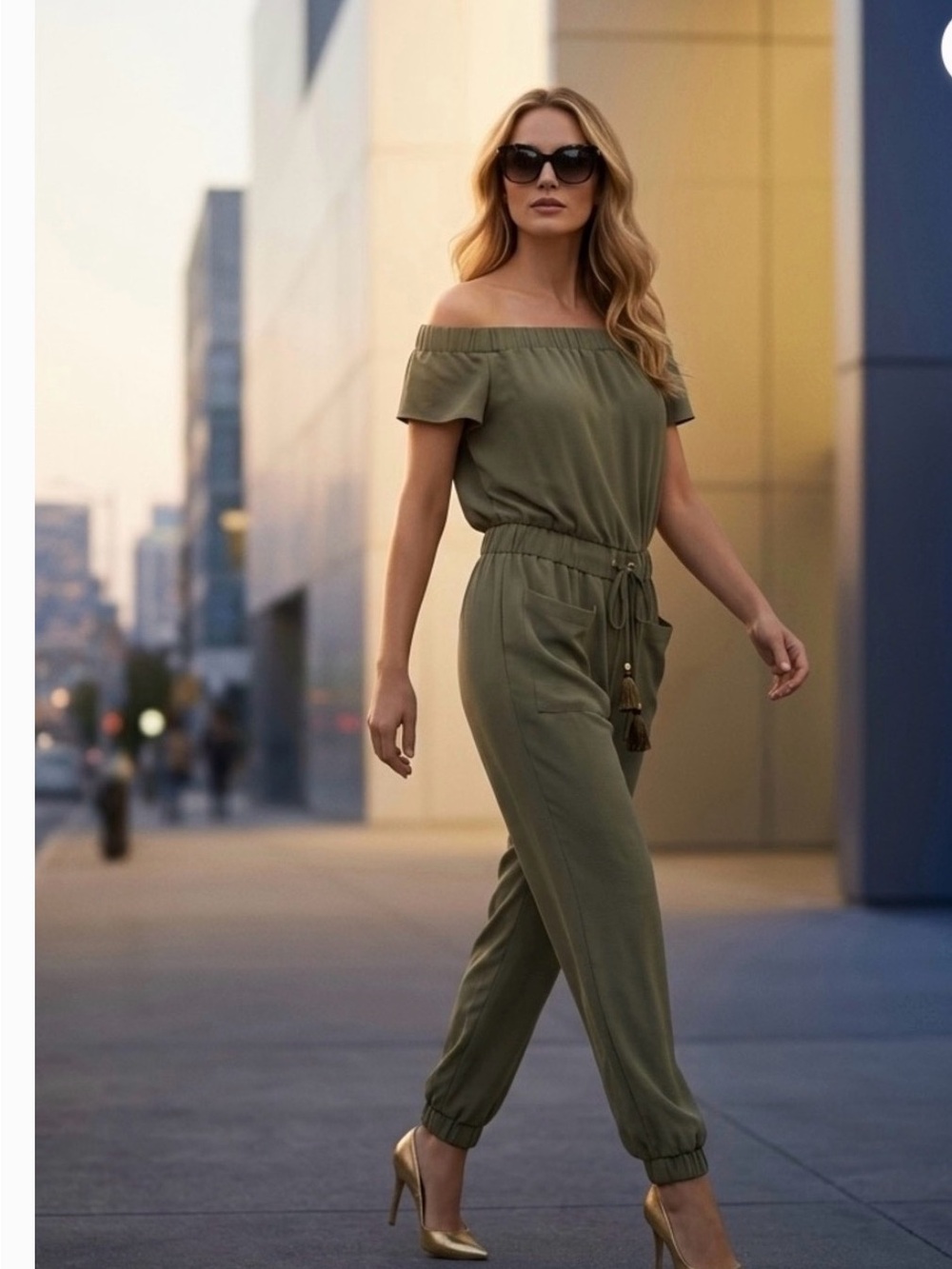 Michael Kors Olive Off-the-Shoulder Drawstring Jumpsuit with Tassels